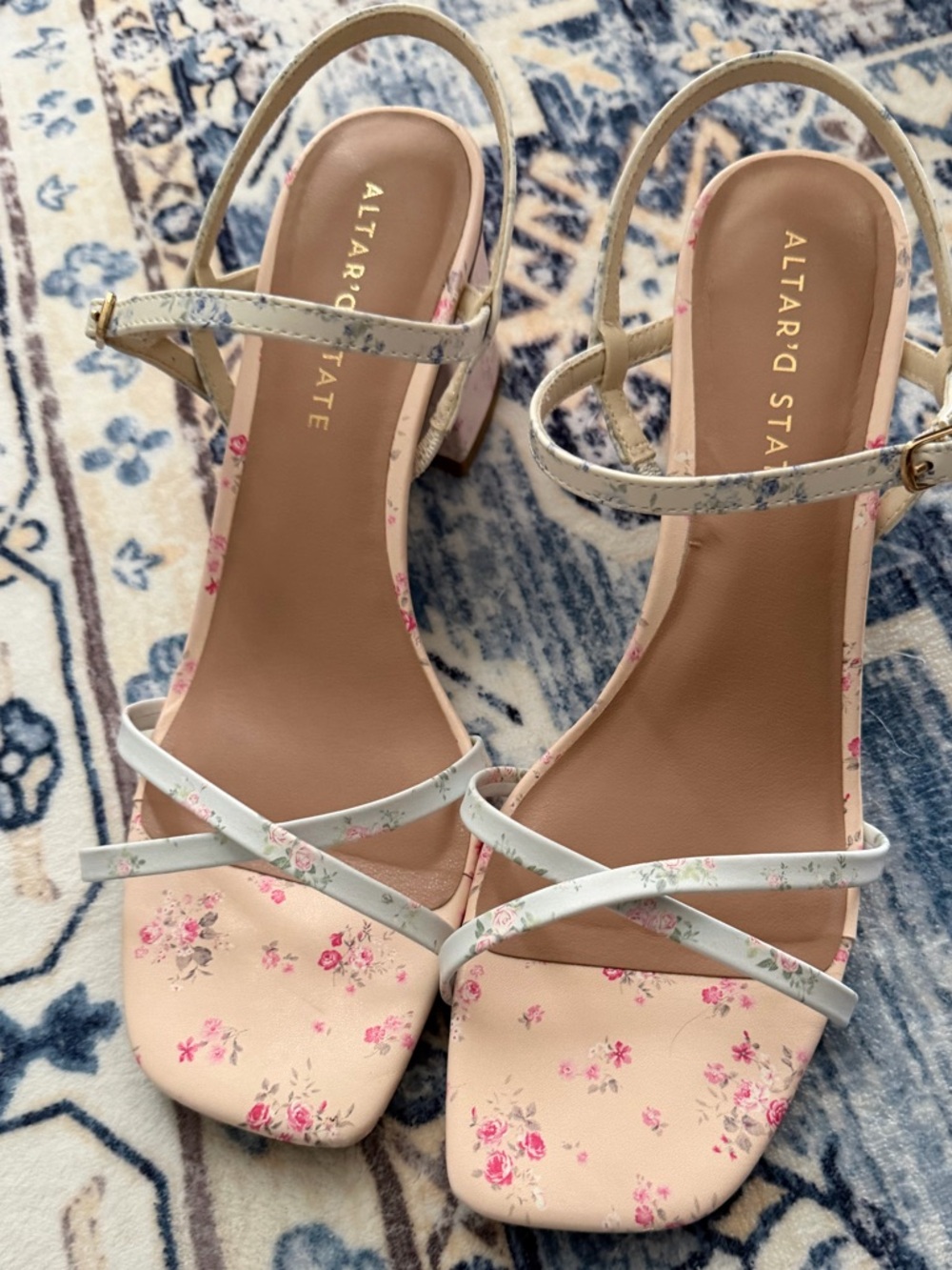 Altar'd State Blue + Pink Floral Strappy Heels